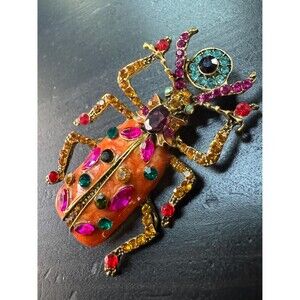 Vintage Autumn Jeweled Beetle Thorax Crystals Rhinestone Brooch Pin B66